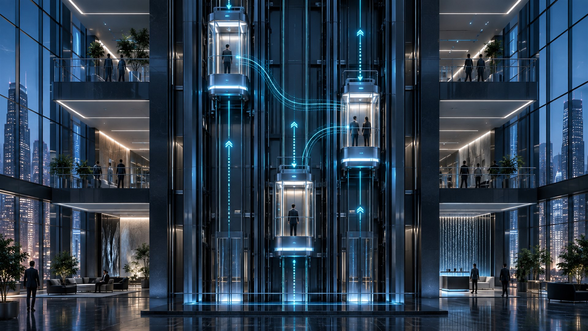 Elevadores inteligentes coordenados em um edifício moderno